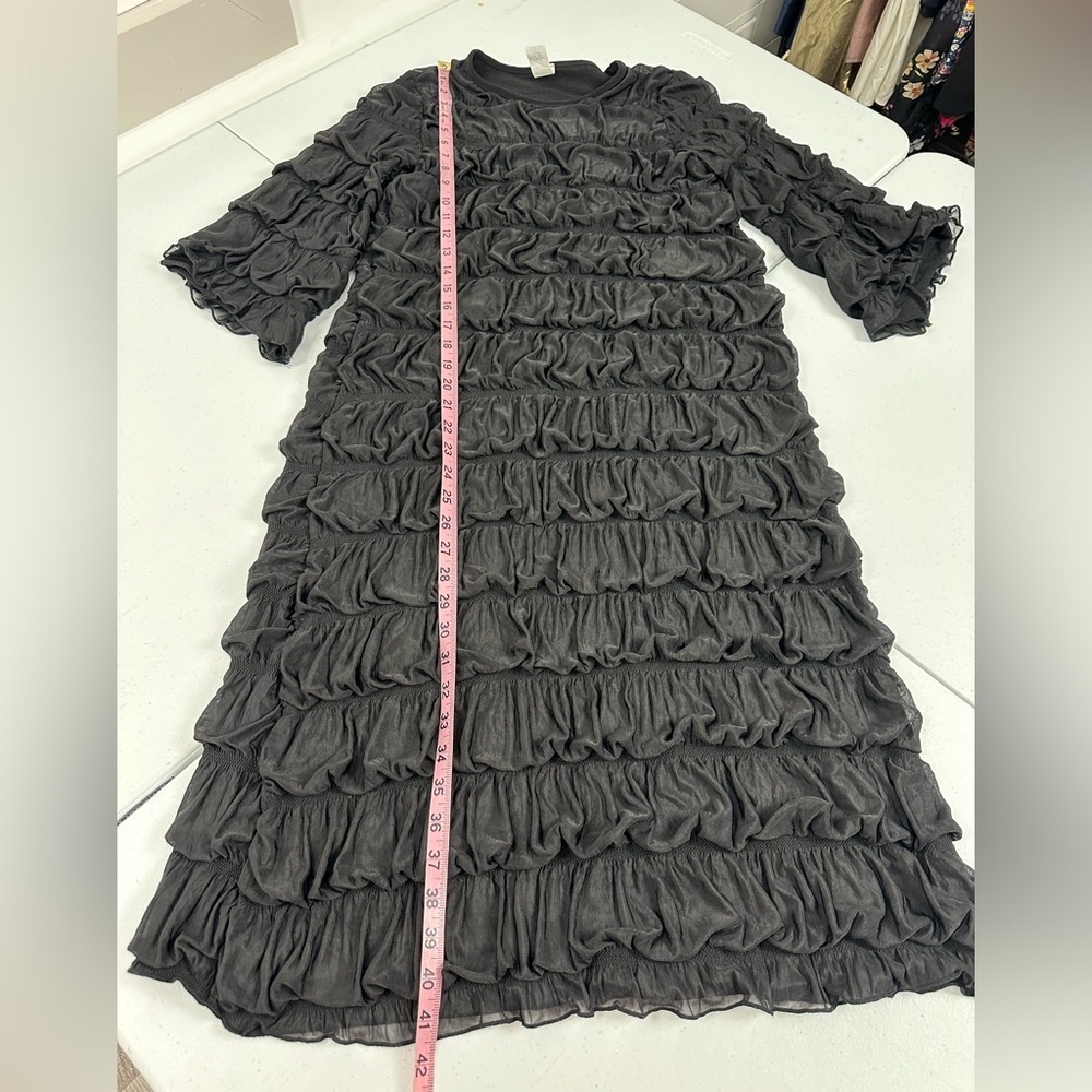 Boutique Dressy Modest Classy Cascade Ruffle Midi Dress Black - Picture 8 of 10